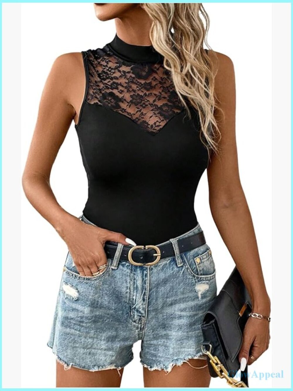 Mock Neck Mesh Tank Top Fitted Lace Sleeveless Summer Top